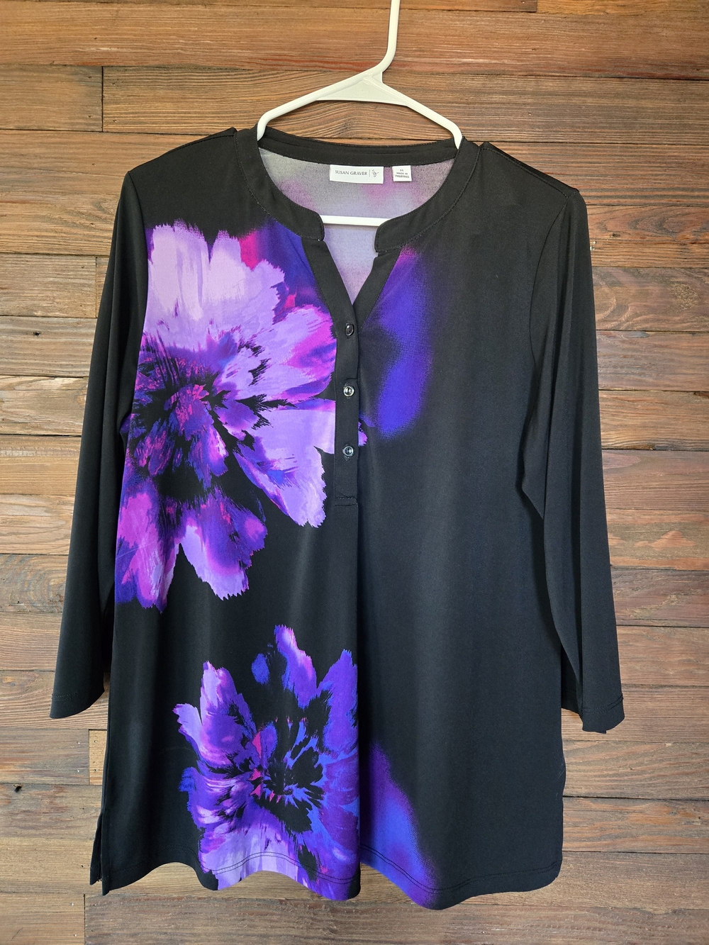Susan Graver Black Tunic with Purple Floral Accents
